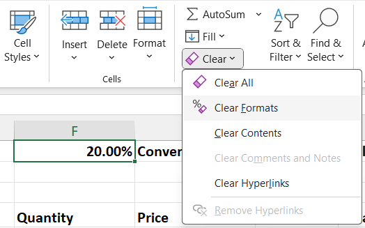 clear formats in Excel