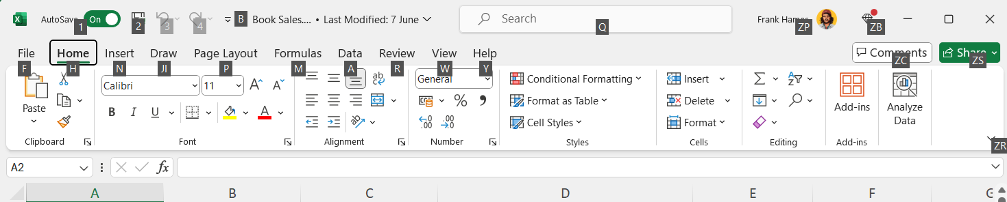 using Alt in Excel to access menu commands from the keyboard - step 1