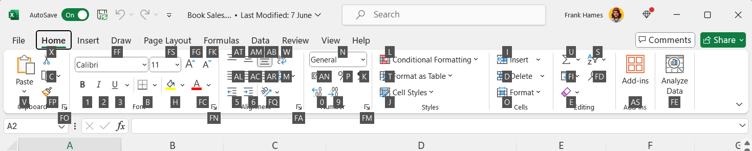 using Alt in Excel to access menu commands from the keyboard - step 2