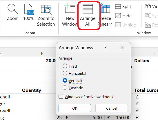 Arrage windows in Excel