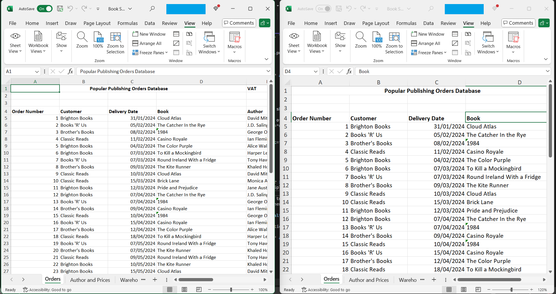 Two worksheet windows open in Excel